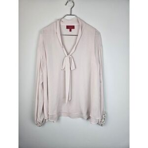Jennifer Lopez Blush Pink Bow Blouse Embellished Pearl Cuff Top Large